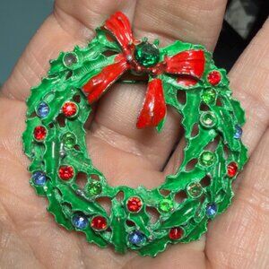 Christmas Wreath Brooch Rhinestone Enamel Vintage REPAIR Pin 2"